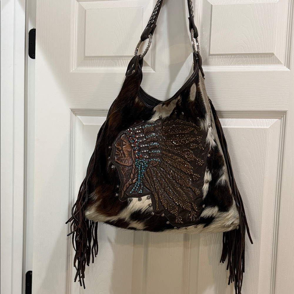1 of a kind vintage UPCYCLED, real hair on hide fringe bag
